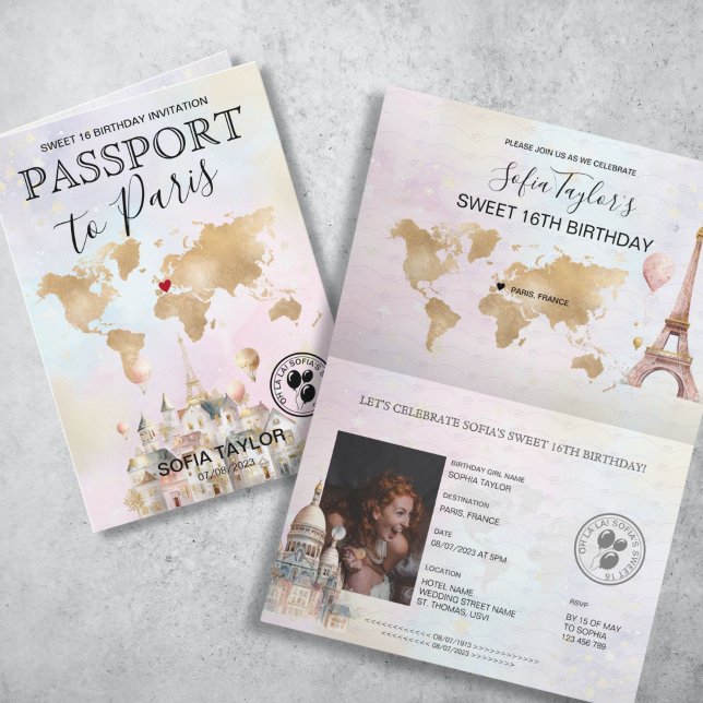 Invitation Paris France Sweet 16 Anniversaire Passeport (pastel color passport with gold world map and Paris illustrations sweet 16th birthday invitation)