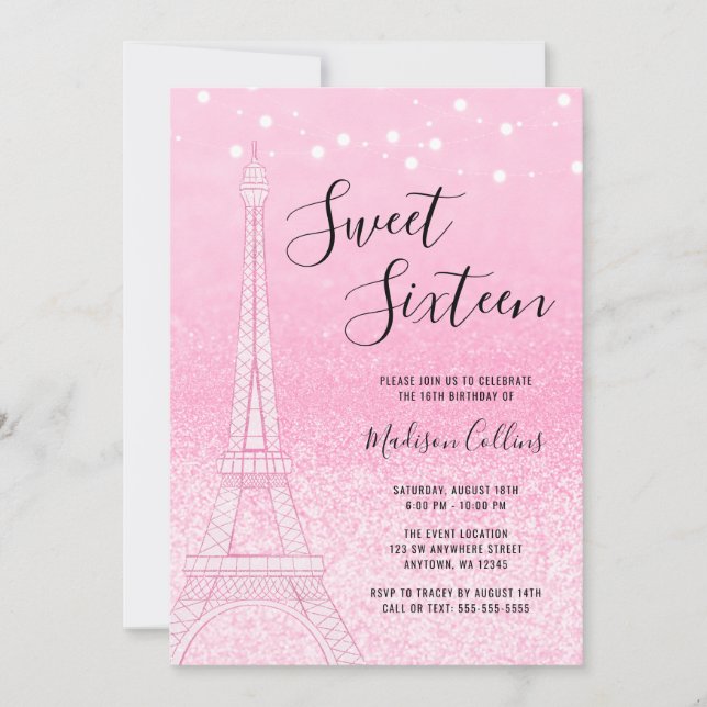 Invitation Paris Parties scintillant rose Lumière Sweet 16 (Devant)