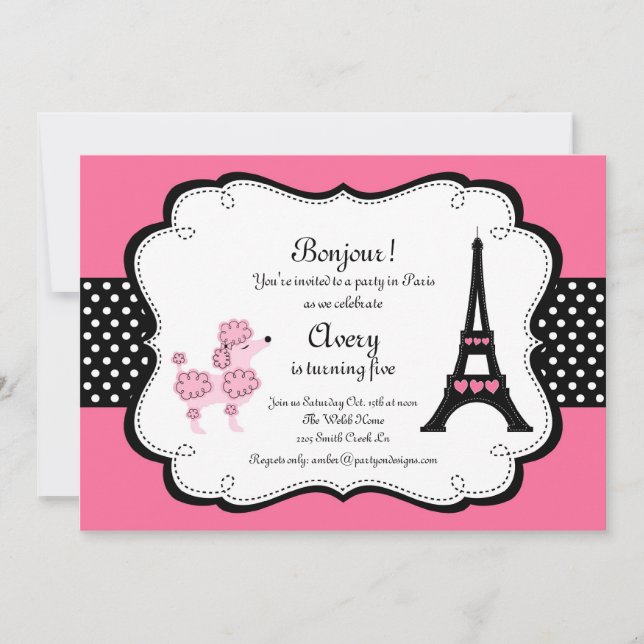 Invitation Paris Pink Poodle Tour Eiffle Tea Party (Devant)