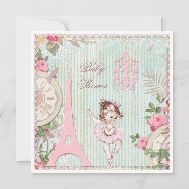 Invitation Paris Princess Ballerina Shabby Baby shower chic (Devant)