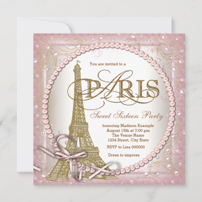 Invitation Paris Sweet 16 Party Pearl rose et or (Devant)