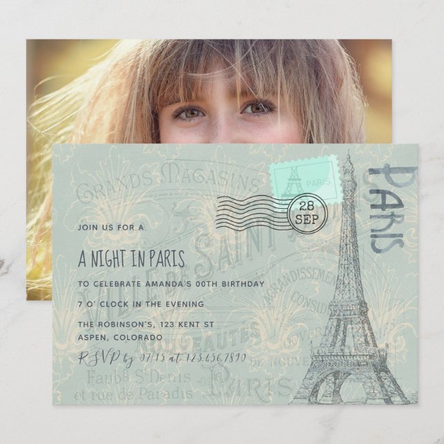 Invitation Paris thème Anniversaire fête ajouter photo invita (Devant / Derrière)