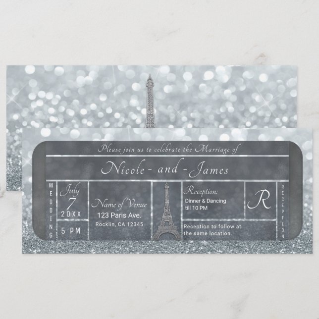 Invitation Paris Tour Eiffel Billet Pailleté Argent Mariage (Devant / Derrière)