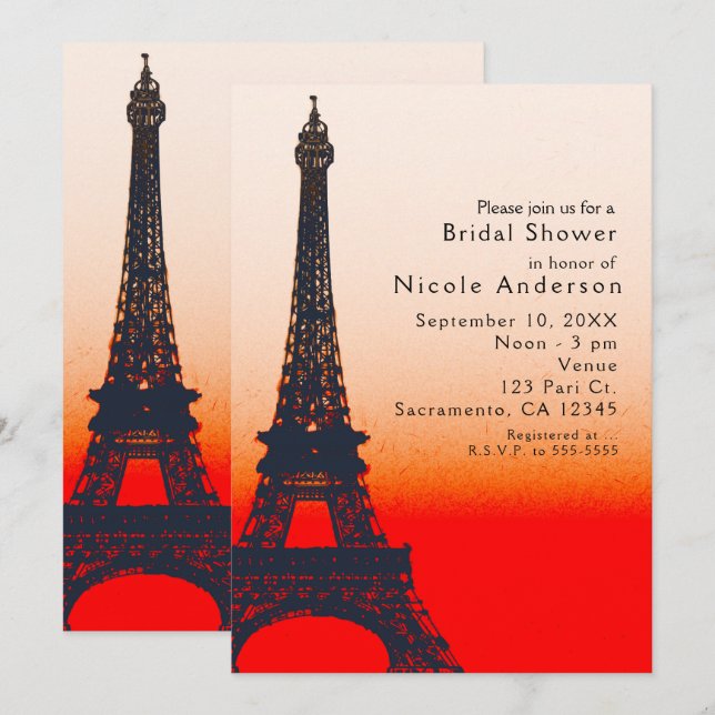 Invitation Paris Tour Eiffel Coucher de Soleil Orange Chic In (Devant / Derrière)