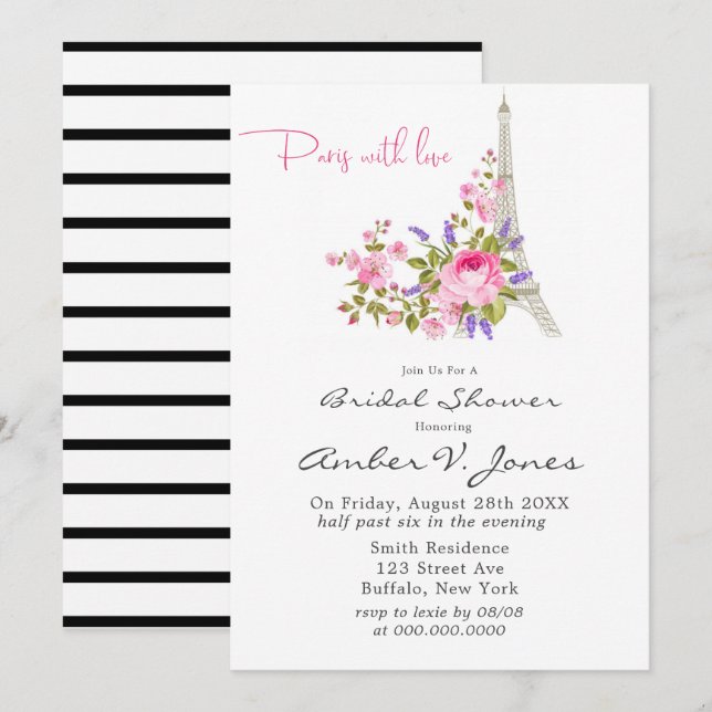 Invitation Paris Tour Eiffel Pink Peony Fête des mariées Invi (Devant / Derrière)