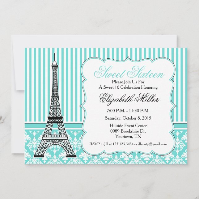 Invitation Paris Tour Eiffel Thème Party Turquoise (Devant)