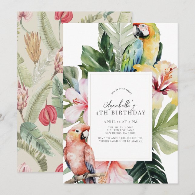 Invitation Parrot botanique tropical floral Anniversaire de e (Devant / Derrière)