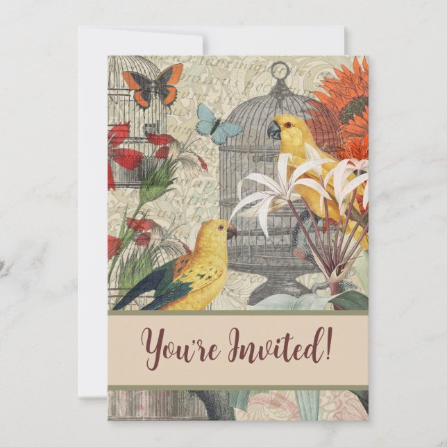 Invitation Parrot Jaune Tropical Antique Fleur (Devant)