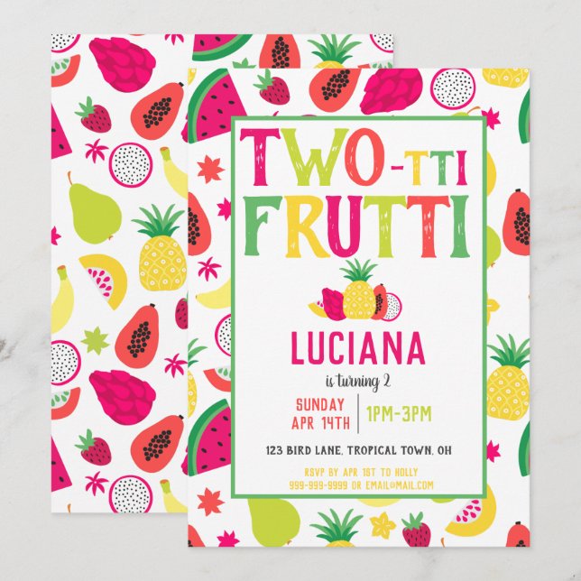 Invitation Parrot Tropical Fruits Tutti Fruit Anniversaire (Devant / Derrière)
