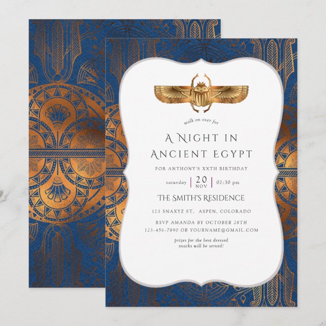 Invitation Parti à thème égyptien, Gold Foil bleu et cuivre (Devant / Derrière)