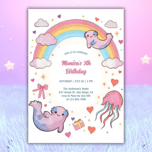 Invitation Parti Anniversaire de enfant arc-en-ciel mignon Ax (Cute Axolotl Rainbow Birthday Invitation – Under the Sea Birthday Invite)