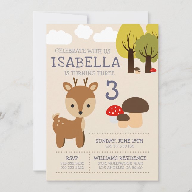 Invitation Parti Anniversaire de enfant de Cute Deer Fawn (Devant)