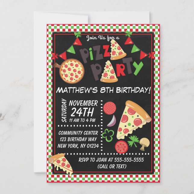 Invitation Parti Anniversaire de enfant de la fête de la pizz (Devant)