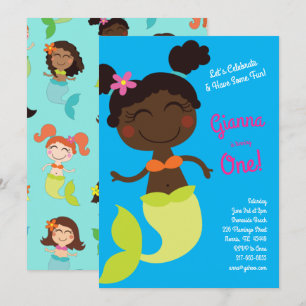Invitation Parti Anniversaire de enfant de la sirène Noir-afr