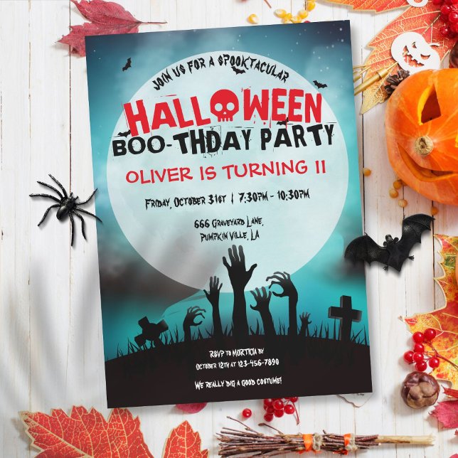 Invitation Parti Anniversaire de enfant éffrayant Zombie Hall (Spooky Zombie Halloween Kids Birthday Party Invitation)