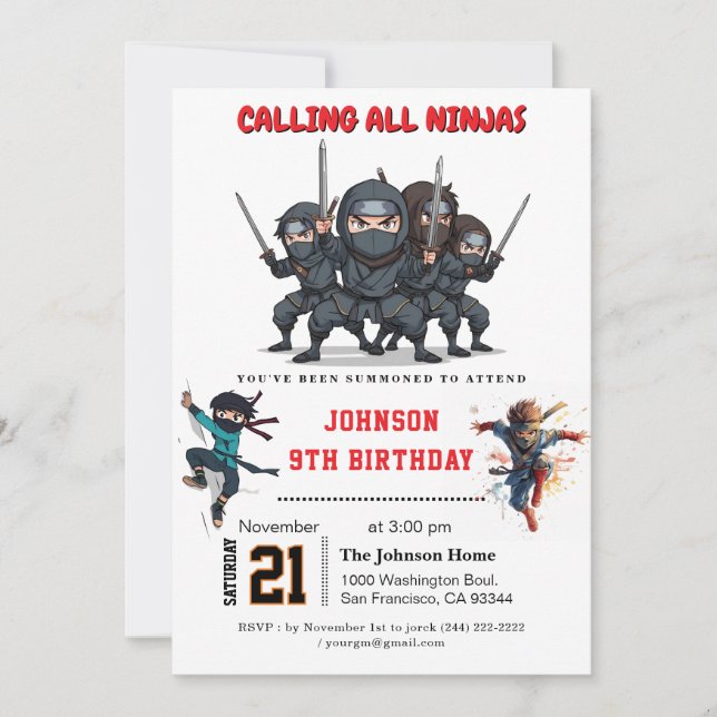Invitation Parti Anniversaire de enfant guerrier Ninja (Devant)