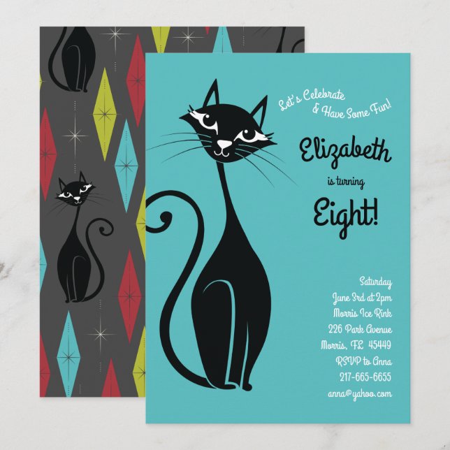 Invitation Parti Anniversaire de enfant pour chats de Kitty (Devant / Derrière)