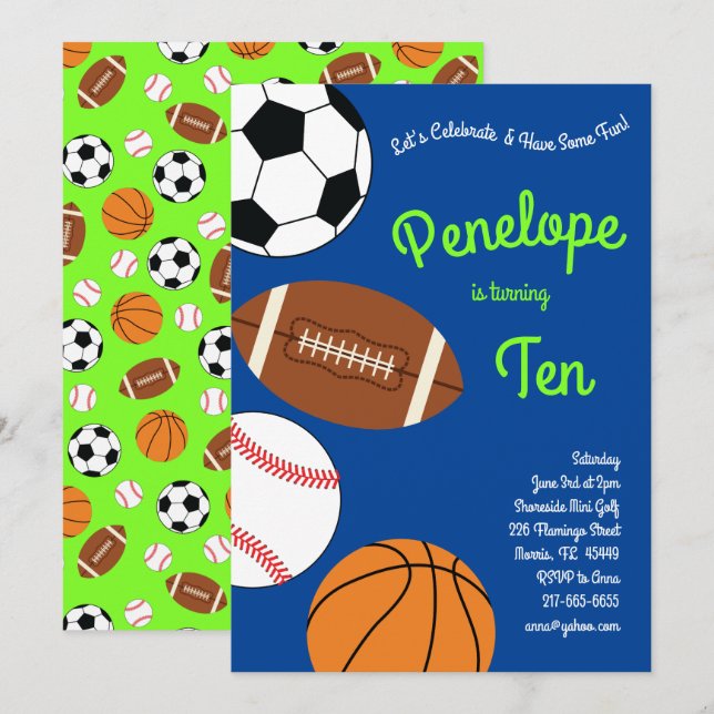 Invitation Parti Anniversaire de enfant sportif (Devant / Derrière)
