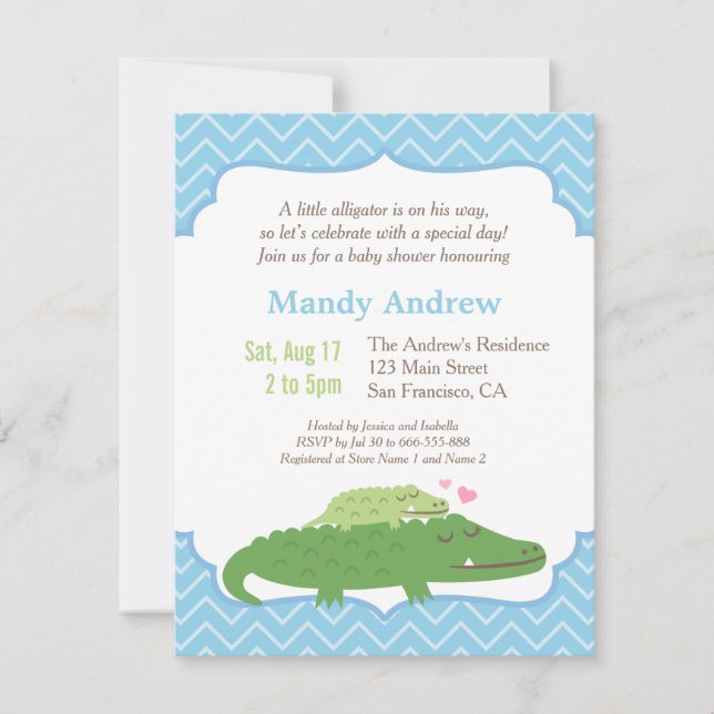 Invitation Parti Baby shower moderne Alligator Blue Chevron (Devant)