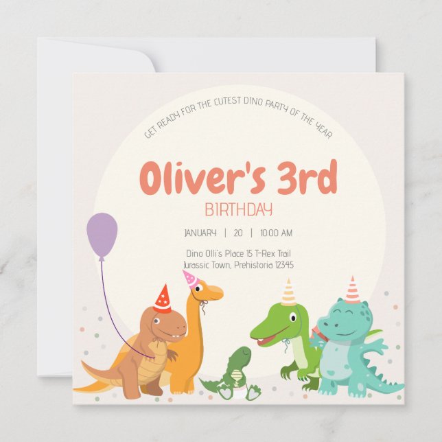 Invitation Parti Cute Dino 3ème anniversaire (Devant)