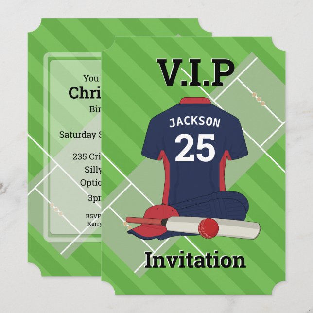 Invitation Parti d'anniversaire du cricket V.I.P. (Devant / Derrière)