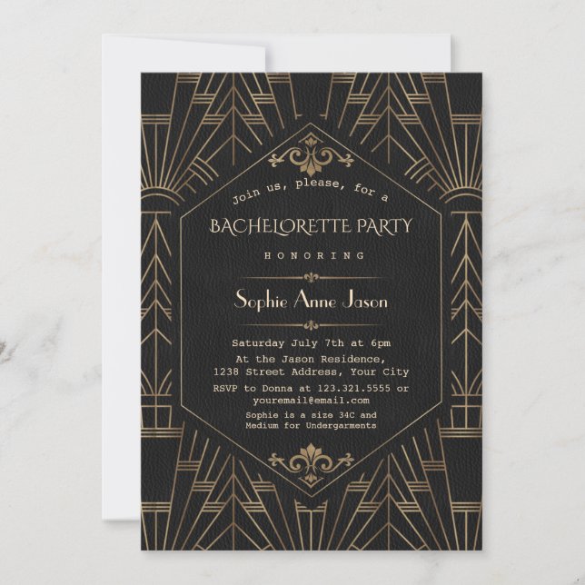 Invitation Parti de Bachelorette Gold Noir unique (Devant)