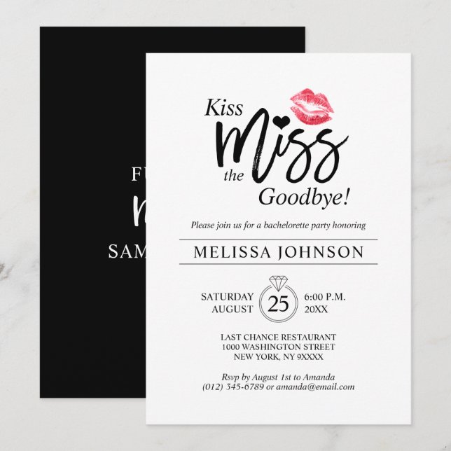 Invitation Parti de bachelorette moderne Kiss Miss Goodbye Li (Devant / Derrière)