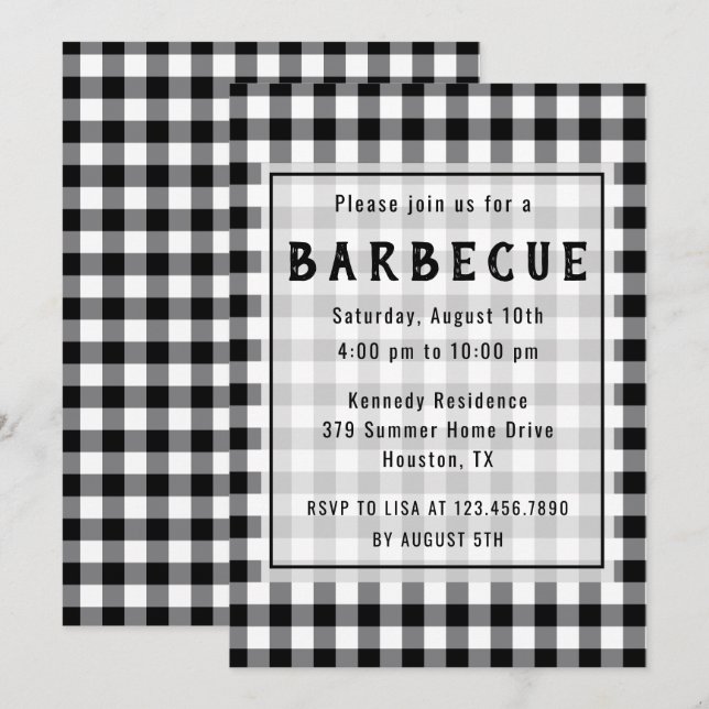 Invitation Parti de barbecue rustique Black En vichy Farmhous (Devant / Derrière)