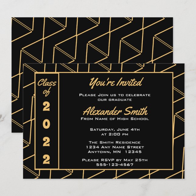 Invitation Parti de graduation arrière - plan Gold Black mode (Devant / Derrière)