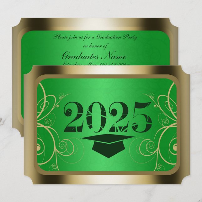 Invitation Parti de Graduation Cadre Vert et Or (Devant / Derrière)