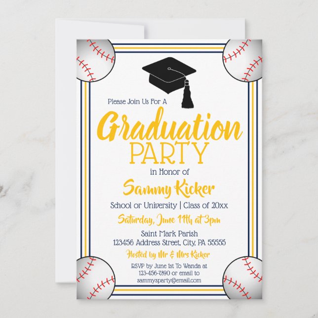 Invitation Parti de Graduation de base-ball Marine & Gold (Devant)