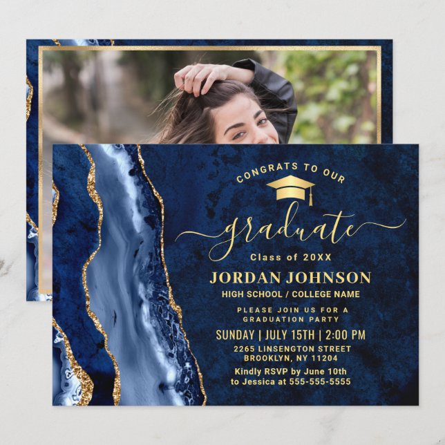 Invitation Parti de graduation en marbre bleu de la Marine d' (Devant / Derrière)