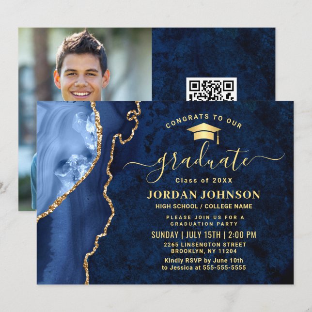 Invitation Parti de graduation en marbre bleu de la Marine d' (Devant / Derrière)