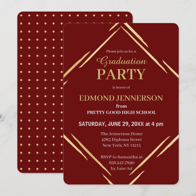Invitation Parti de graduation géométrique en or rouge modern (Devant / Derrière)
