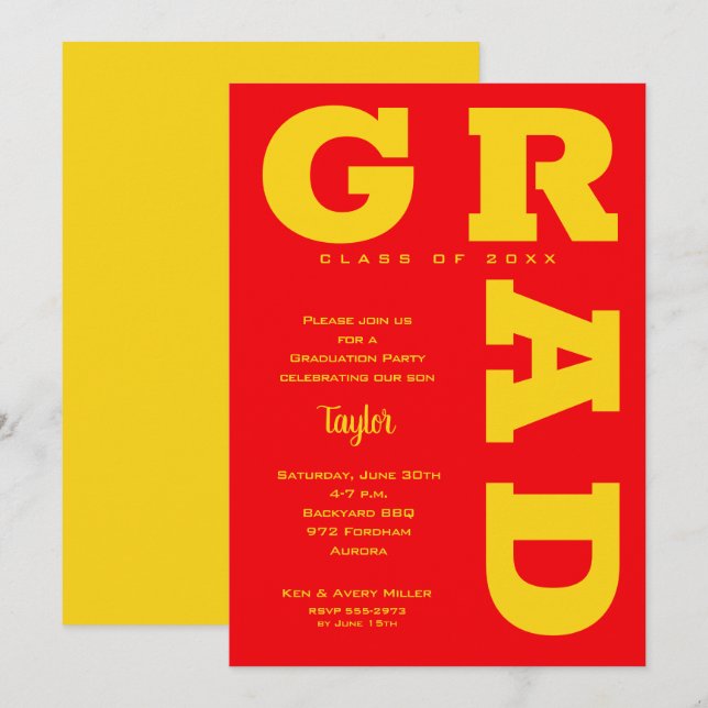 Invitation Parti de graduation jaune et rouge (Devant / Derrière)