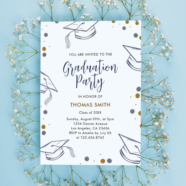 Invitation Parti de graduation moderne bleu et or (Créateur téléchargé)
