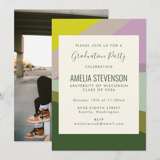 Invitation Parti de graduation photo moderne violet vert arri (Devant / Derrière)