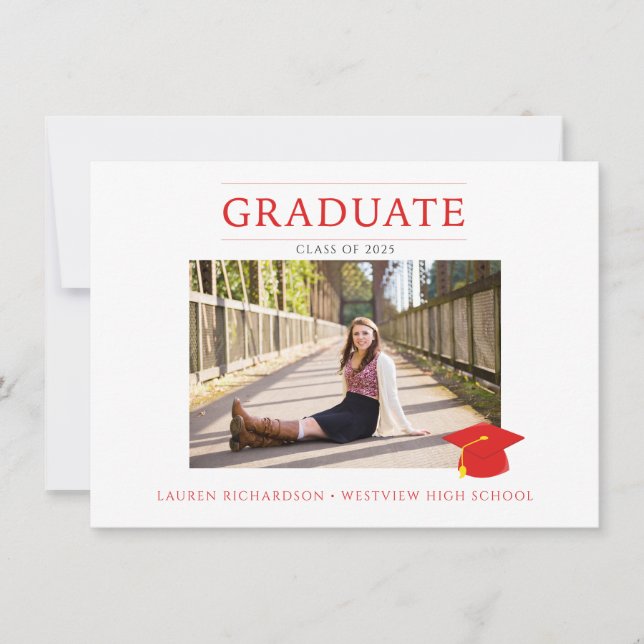 Invitation Parti de graduation photo simple en rouge et blanc (Devant)