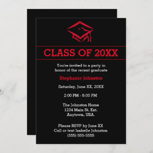 Invitation Parti de graduation simple Black and Red Mortarboa