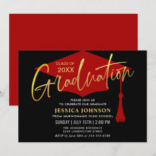 Invitation Parti de graduation simple or rouge moderne