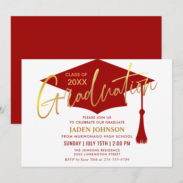 Invitation Parti de la graduation du rouge doré moderne (Devant / Derrière)