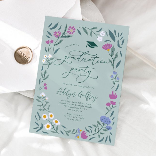 Invitation Parti de la graduation Fleur sauvage verte (Créateur téléchargé)