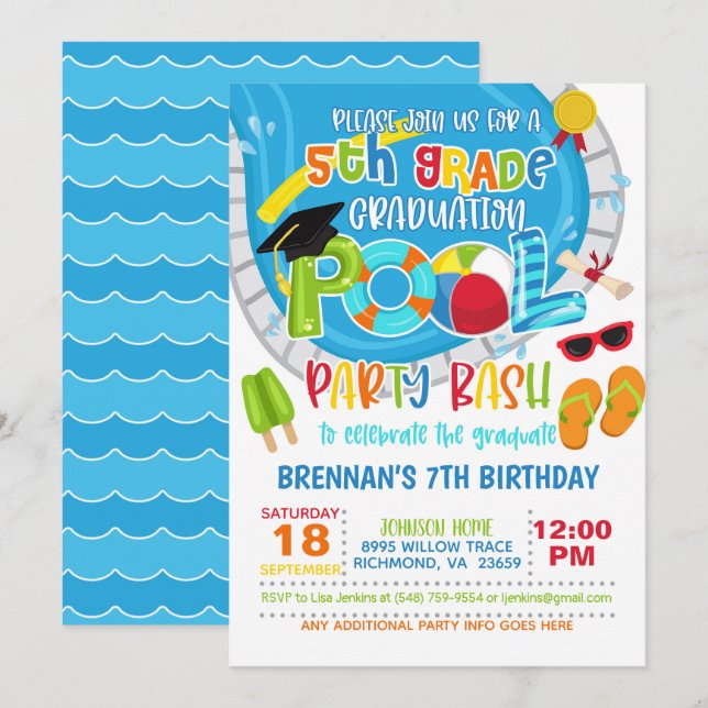 Invitation Parti de la piscine de 5e année - Garçon (Devant / Derrière)