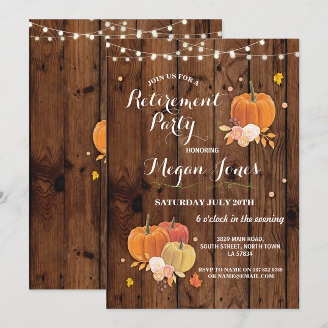 Invitation Parti de la retraite Citrouille Rustic Wood Invita (Devant / Derrière)