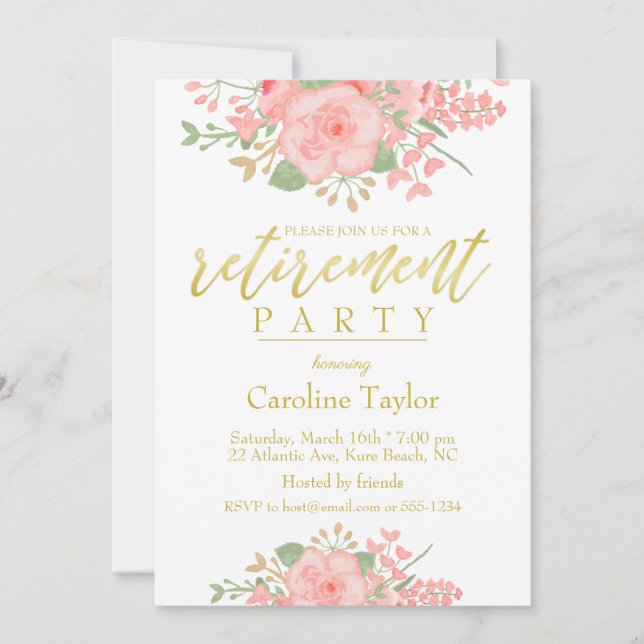 Invitation Parti de la retraite en or rose floral (Devant)