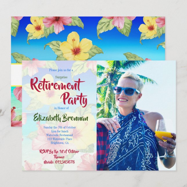 Invitation Parti de la retraite Hibiscus de fleurs tropicales (Devant / Derrière)