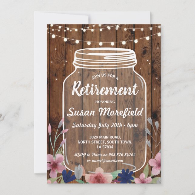 Invitation Parti de la retraite Rustic Jar Wood Floral Invita (Devant)
