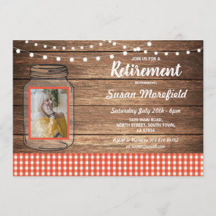 Invitation Parti de la retraite Rustic Jar Wood Red En vichy 