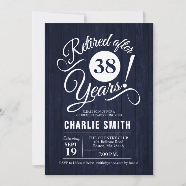 Invitation Parti de la retraite - Rustic Navy Bois Blanc (Devant)