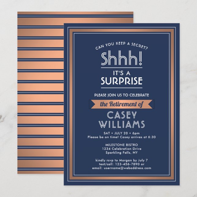 Invitation Parti de la retraite surprise Élégant Marine Cuivr (Devant / Derrière)